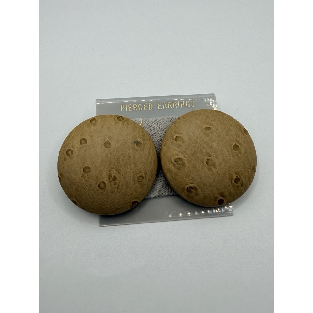 NOS Vintage Faux Ostrich Stud Earrings Brown Tan Textured Button